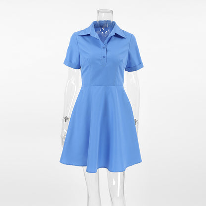 Summer Chic Collared Short Sleeve Slim Fit Dress for Women Office Wear Blue Dress