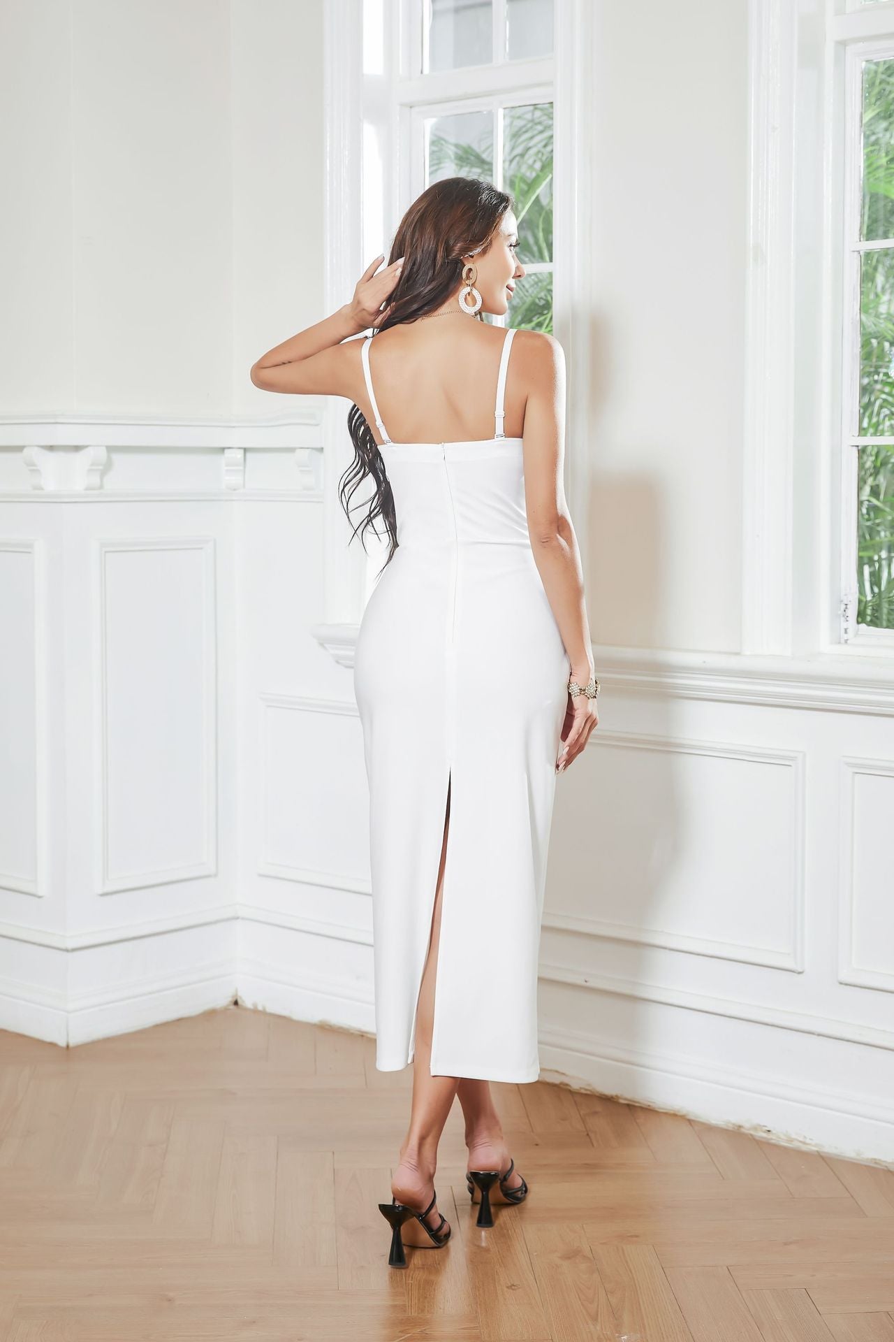 Sultry Rhinestone Maxi Dress Elegant Evening Gown Sexy Backless Sheath Dress for Parties