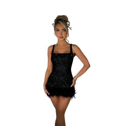 Sizzling Sequin Bodycon Dress with Feather Trim for a Night of Glamour Party Outfit