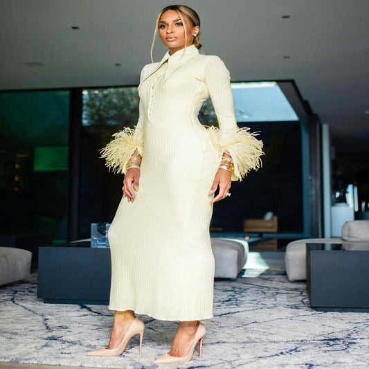Yellow Maxi Dress with Feather Trim Long Sleeves and Collar Chic Formal Attire