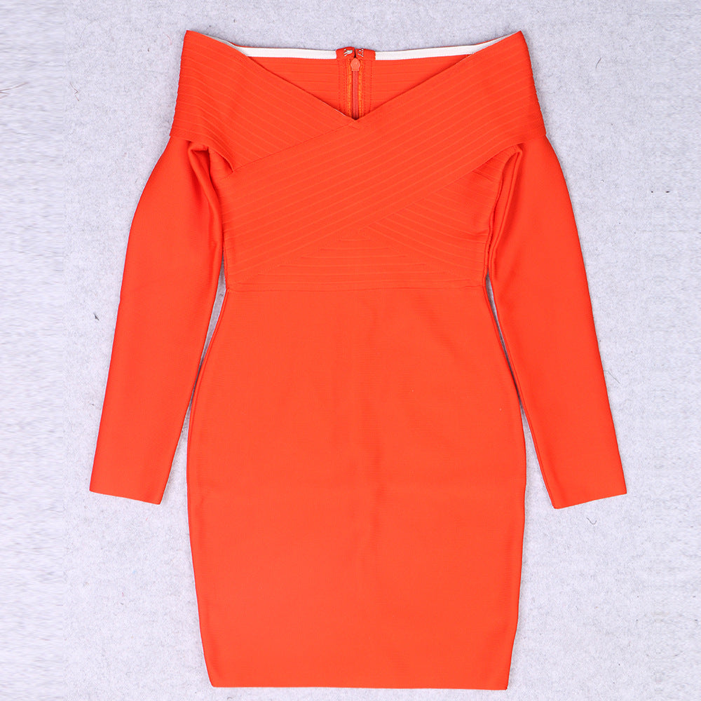 Orange Striped Bodycon Dress Long Sleeve VNeck for Elegant Evening Events Party Nights