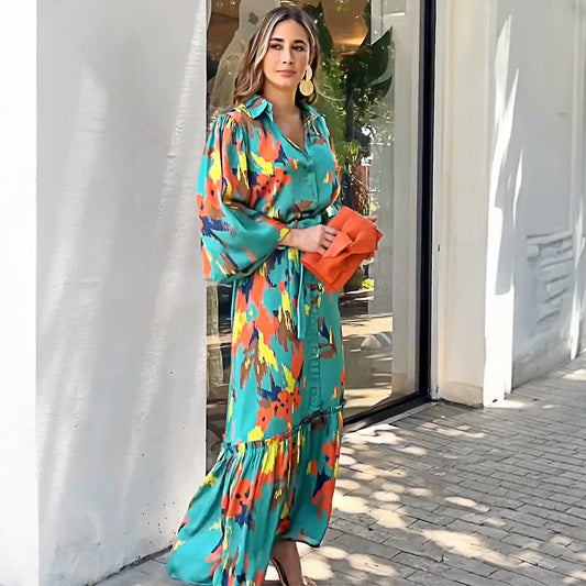 Collared Maxi Dress with Lantern Sleeves and Tie Dye Print for Women Office Attire