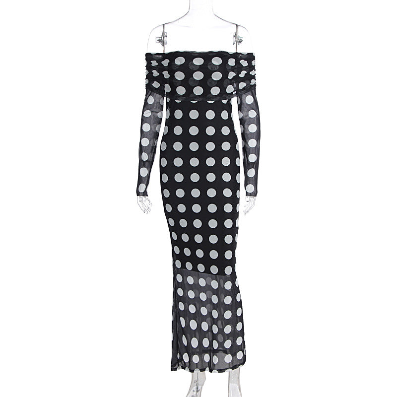 Off Shoulder Maxi Dress for Women Chic Polka Dot Print Long Sleeve Bodycon Dress