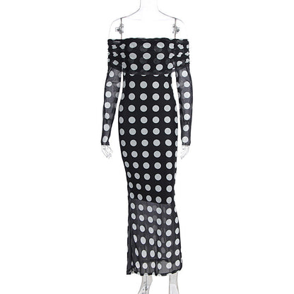 Off Shoulder Maxi Dress for Women Chic Polka Dot Print Long Sleeve Bodycon Dress