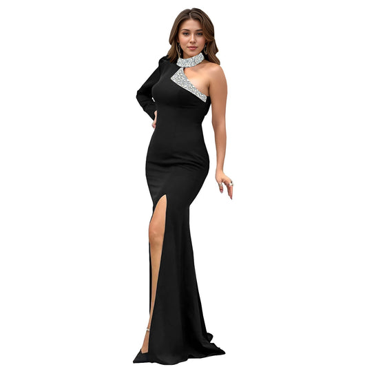 Stand Collar Maxi Dress with Rhinestone Detailing for Parties and Formal Events Sexy Dress