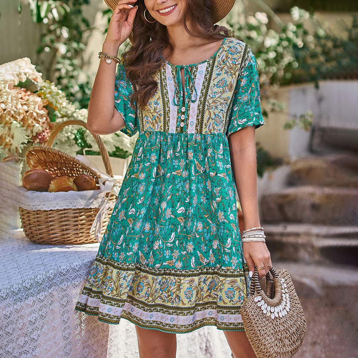 Bohemian Floral A Line Mini Dress for Summer Vacations Womens Fashion
