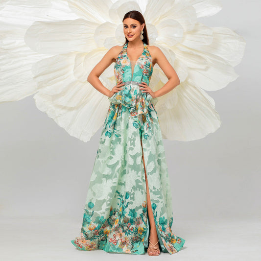 Elegant Halter Neck Maxi Dress with Floral Design Perfect for Evening and Wedding Events