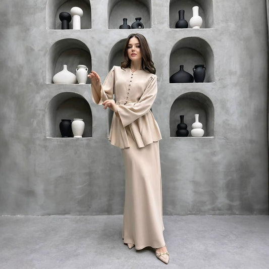 Cardigan Top and Maxi Skirt Set Solid Color Outfit Socialite Style Two Pieces for Women