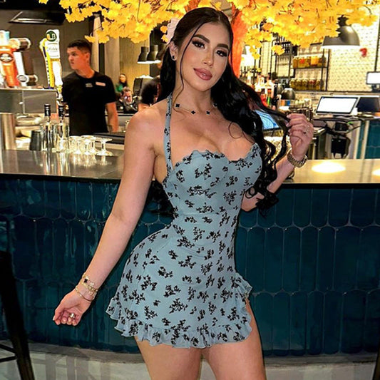 Floral Bodycon Mini Dress Lace Up Halter Neckline Party Club Summer Outfit