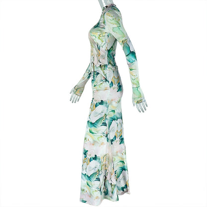 Printed Two Piece Set Long Sleeve Maxi Skirt Outfit Office Fashion for Women