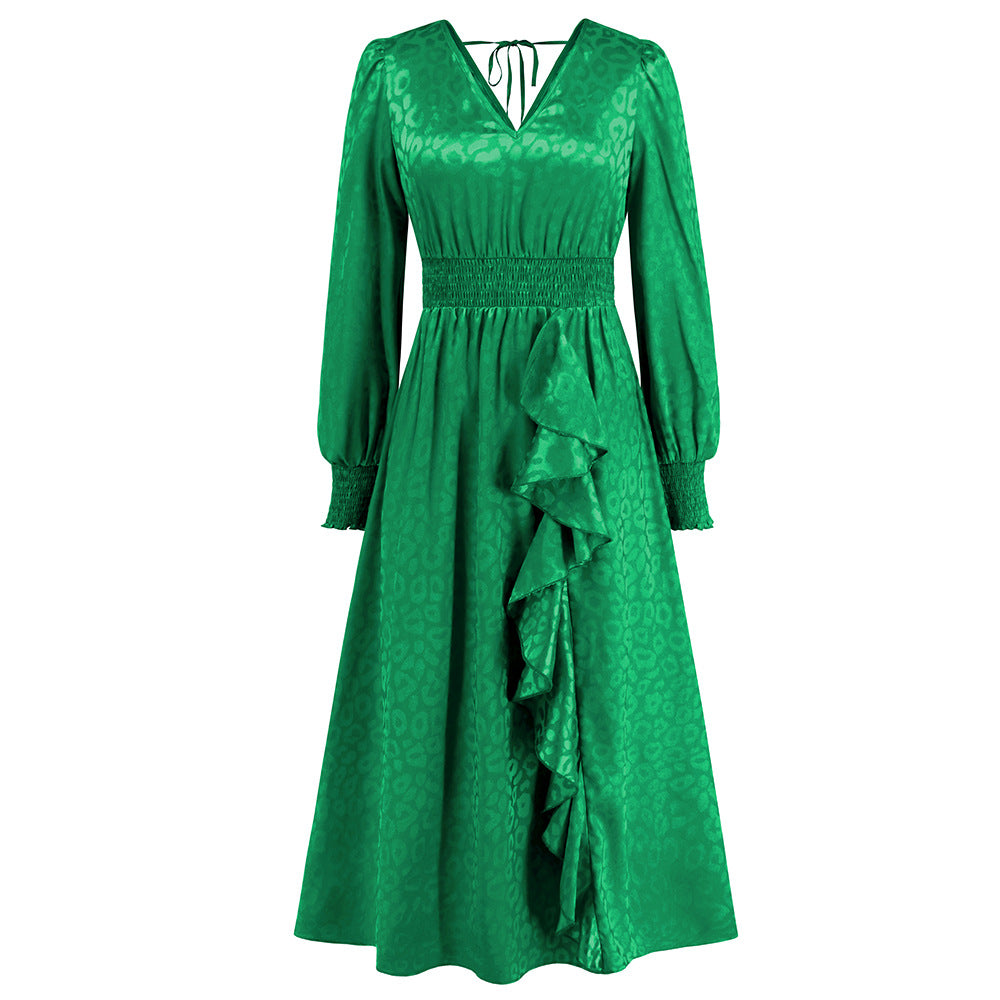 Autumn Leopard Print Maxi Dress VNeck Long Sleeve Ruffled Elegant ALine Dress for Women