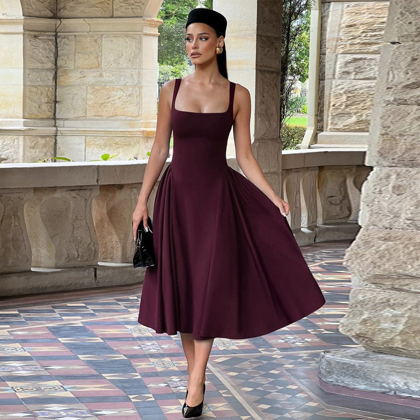 Maxi Dress with Square Collar ALine Silhouette for Women Stylish Spring Outfit