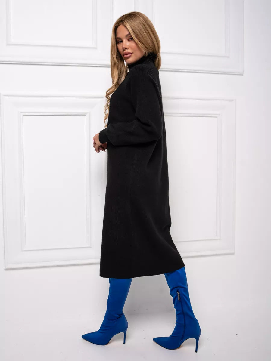 Cozy Chic Knitted Dress Womens Autumn Winter Long Sleeve Midi Dress Simple Versatile Style
