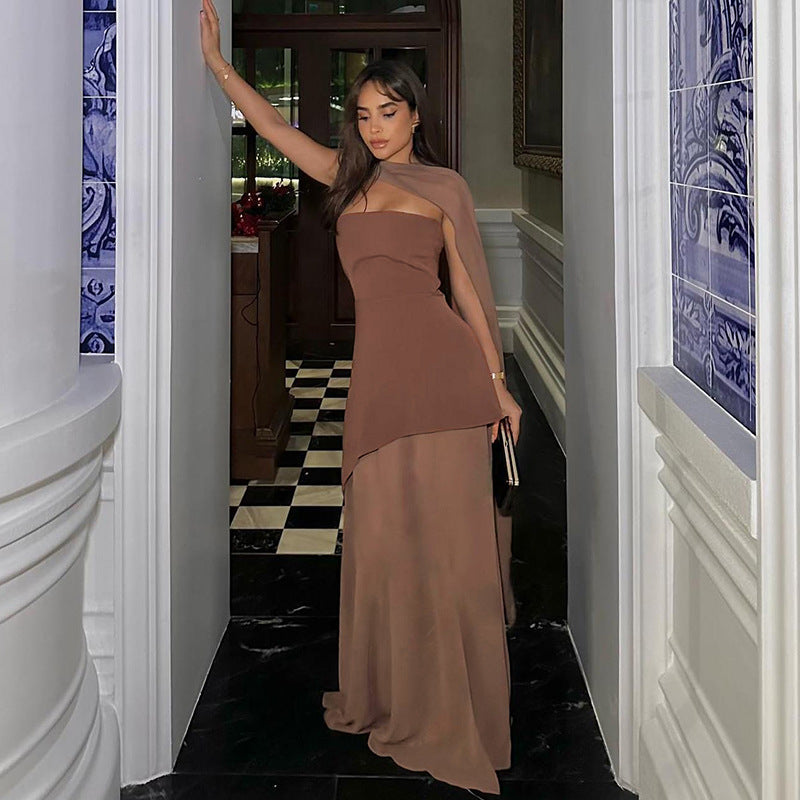 Backless Maxi Dress for Women Chic Slim Fit Party Dress with Scarf Collar