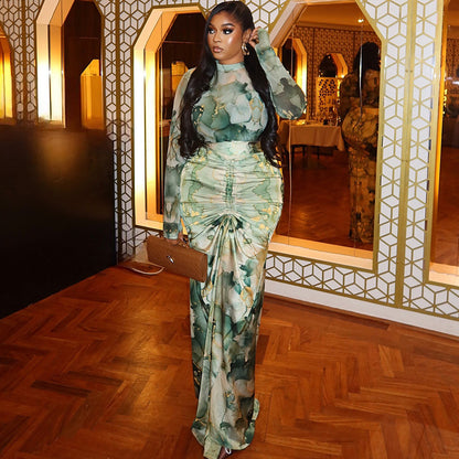Printed Two Piece Set Long Sleeve Maxi Skirt Outfit Office Fashion for Women