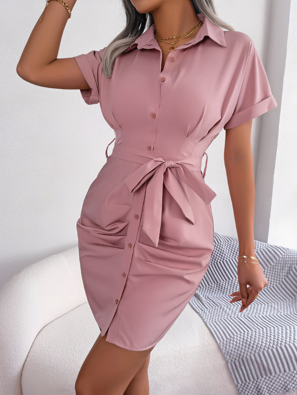 Summer Shirt Dress for Women Stylish Short Sleeve with Belted Design