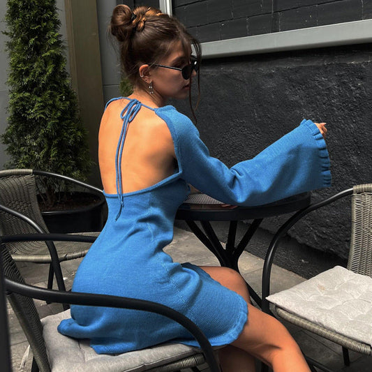Backless Winter Mini Dress with Long Sleeves for Parties and Clubbing Nights A Line Style