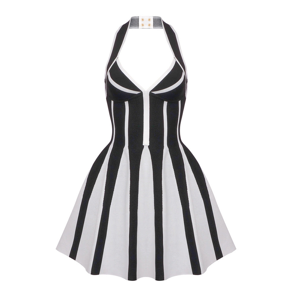 Summer Mini Halter Dress with Stripes Sexy Backless Style for Sunny Days