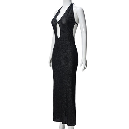 Sparkling Pink Maxi Dress with Halter Neckline and Cutout Details Glamorous Evening Wear