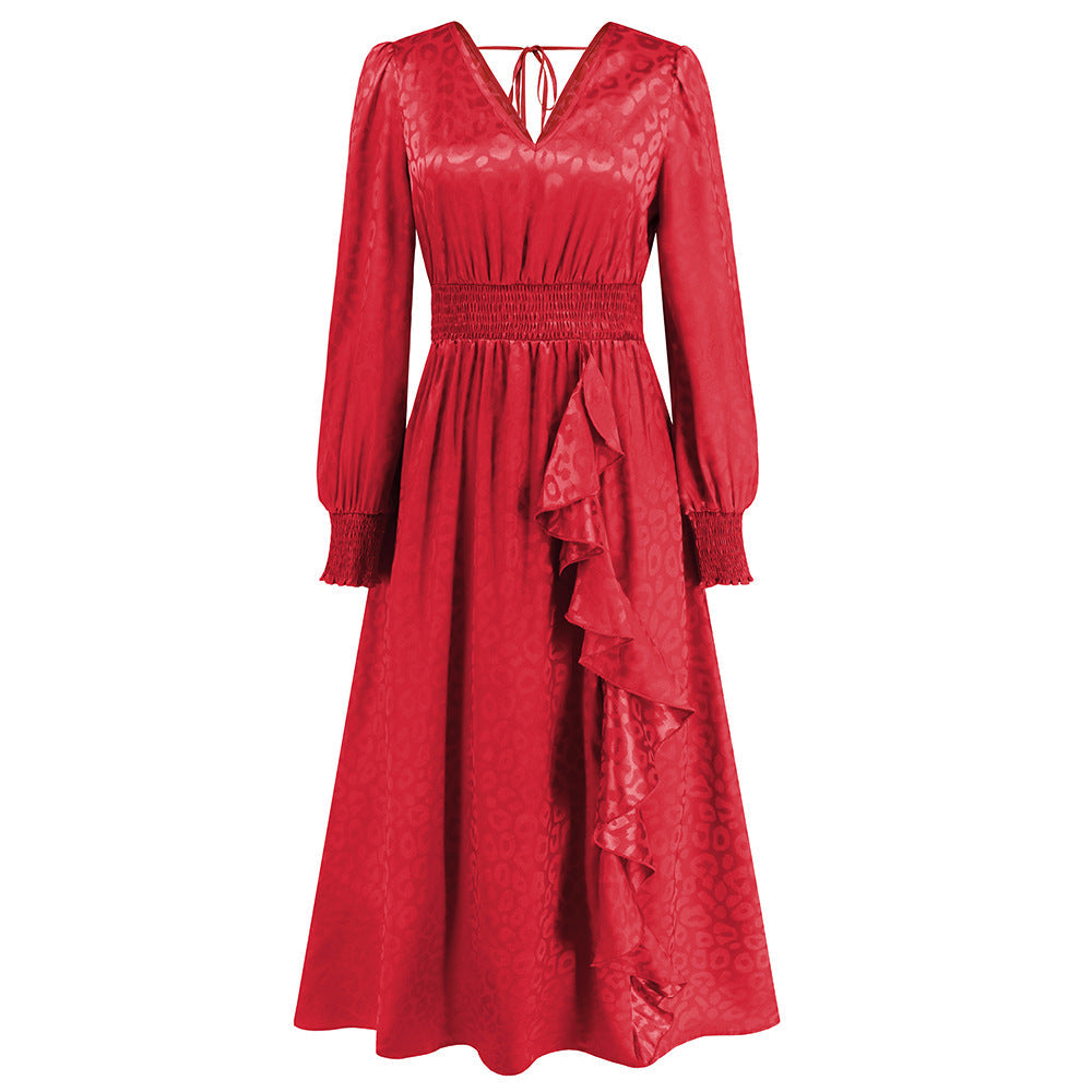 Autumn Leopard Print Maxi Dress VNeck Long Sleeve Ruffled Elegant ALine Dress for Women