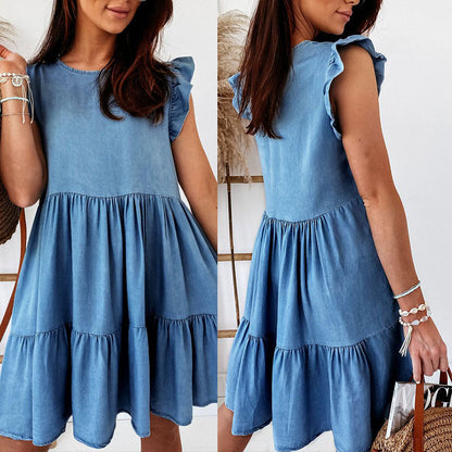 Casual Denim Shift Dress for Women Round Neckline Short Sleeves Daily Wear Summer Style