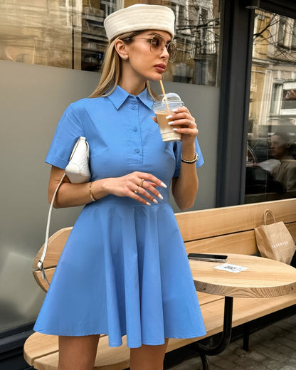 Summer Chic Collared Short Sleeve Slim Fit Dress for Women Office Wear Blue Dress