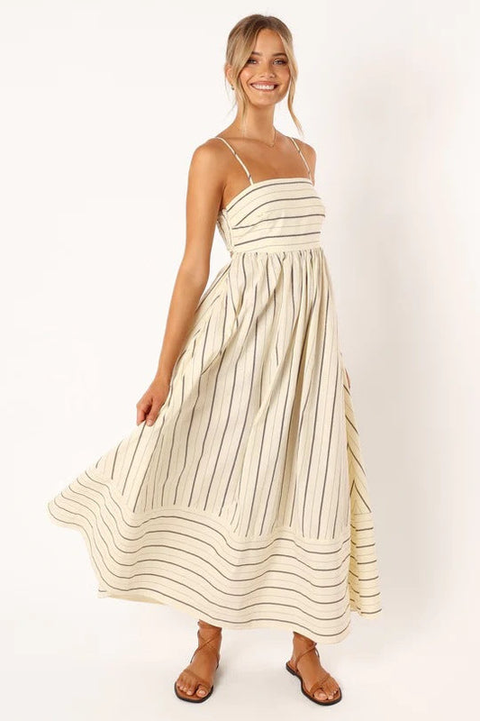 Striped Maxi Dress for Summer Vacation Style with a Cutout Back and Sleeveless Design