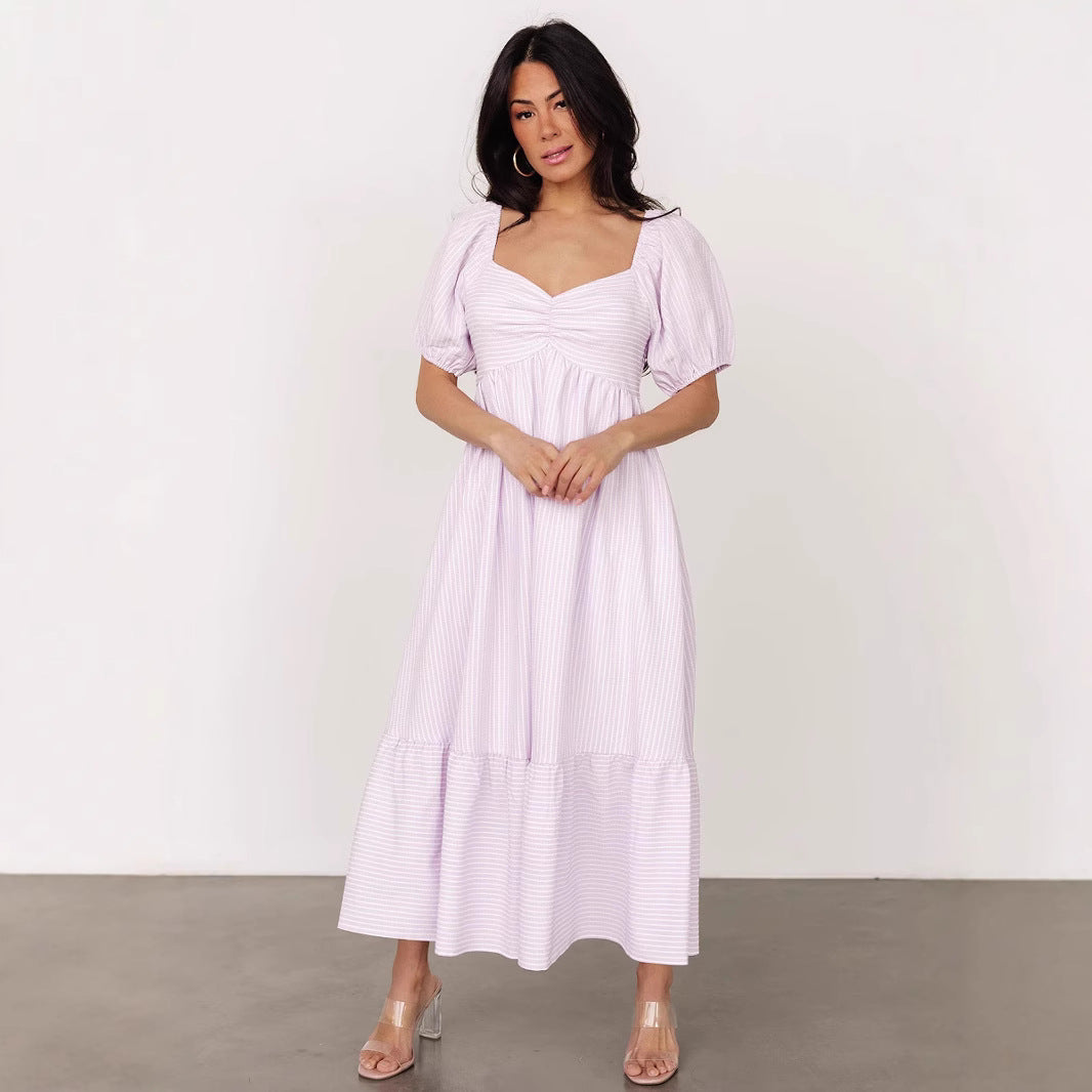 Stripe A Line Dress with Puff Sleeves and V Neck for Effortless Summer Style