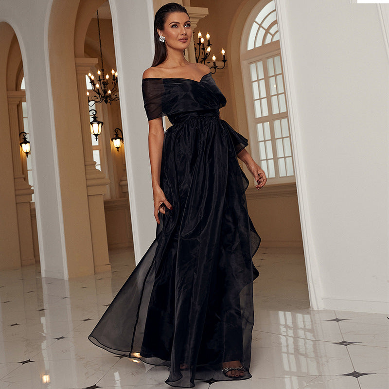 Black Evening Gown with OfftheShoulder Mesh Elegant Maxi Dress Formal Wear