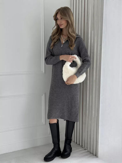 Cozy Chic Knitted Dress Womens Autumn Winter Long Sleeve Midi Dress Simple Versatile Style