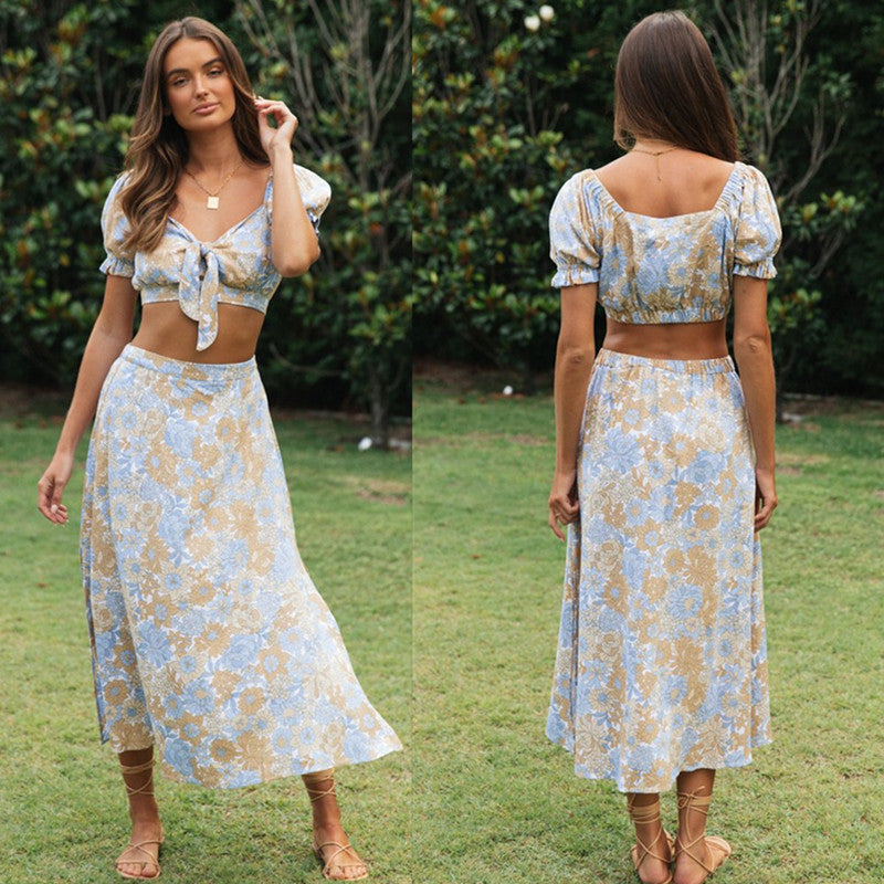 Boho Floral Print Crop Top and Midi Skirt Set for Summer Vacation Outfits
