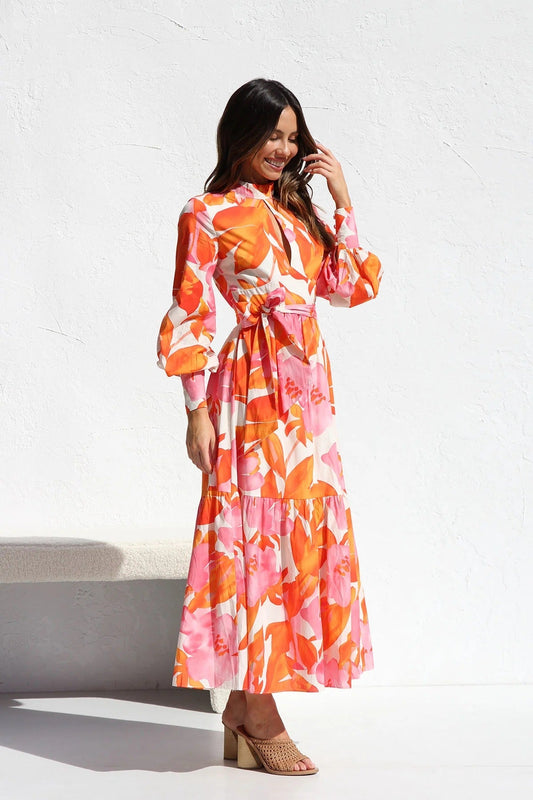 Floral Print Midi Dress with Lantern Sleeves and Belted Waist for Chic Everyday Style