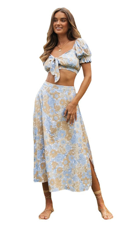 Boho Floral Print Crop Top and Midi Skirt Set for Summer Vacation Outfits