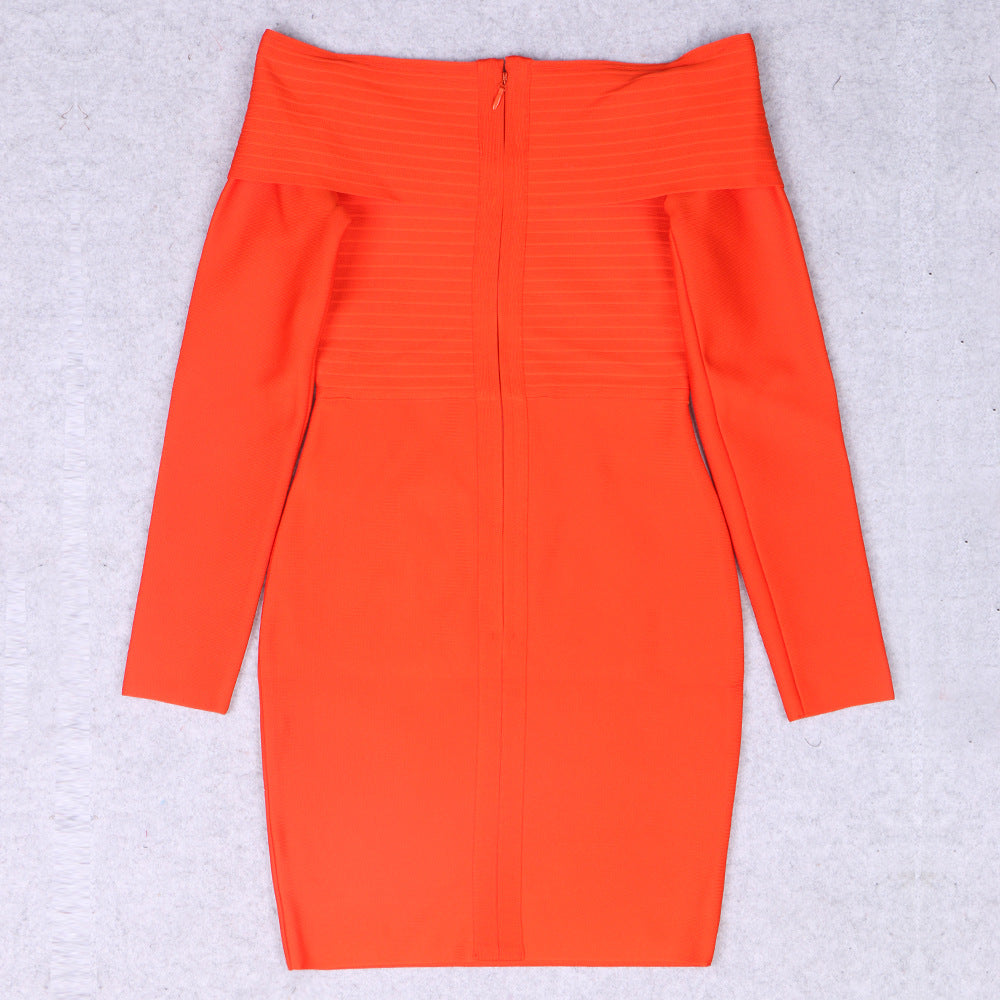 Orange Striped Bodycon Dress Long Sleeve VNeck for Elegant Evening Events Party Nights