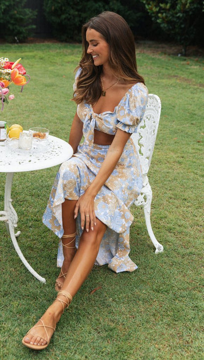 Boho Floral Print Crop Top and Midi Skirt Set for Summer Vacation Outfits