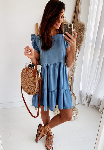 Casual Denim Shift Dress for Women Round Neckline Short Sleeves Daily Wear Summer Style