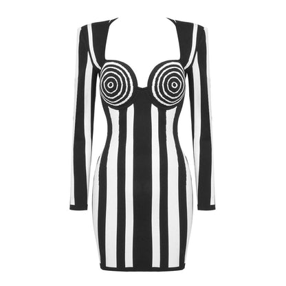 Black and White Striped Bodycon Dress Party Ready Long Sleeve Mini Dress for Women