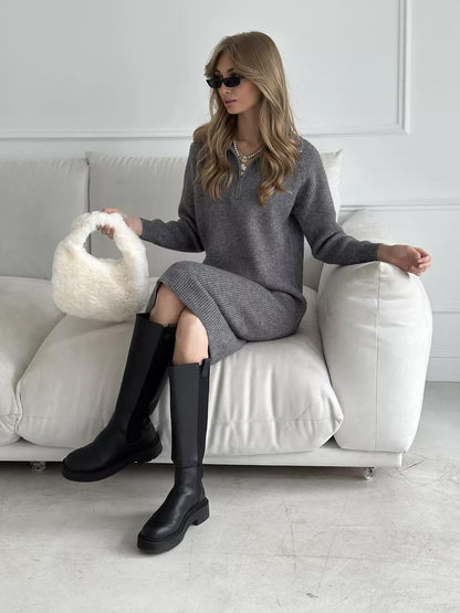 Cozy Chic Knitted Dress Womens Autumn Winter Long Sleeve Midi Dress Simple Versatile Style