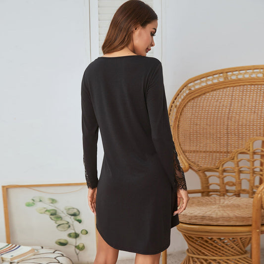 Lace Stitching Nightdress for Women Long Sleeve Soft Loungewear Sleep Dress Comfortable Fit