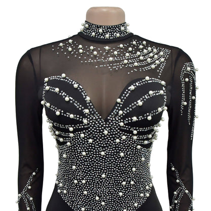 Sexy Rhinestone Mesh Mini Dress with Long Sleeves for Parties Clubbing and Events Trendy Short Dresses