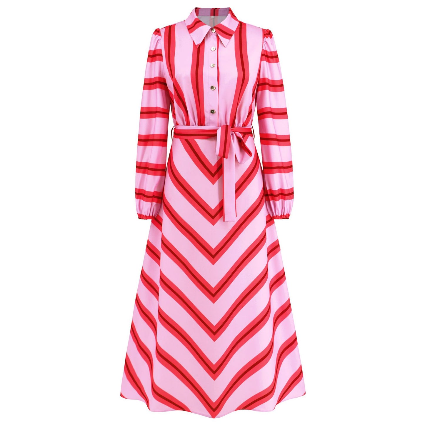 Elegant Striped Maxi Dress with Lantern Sleeves and Button Details for Effortless Style