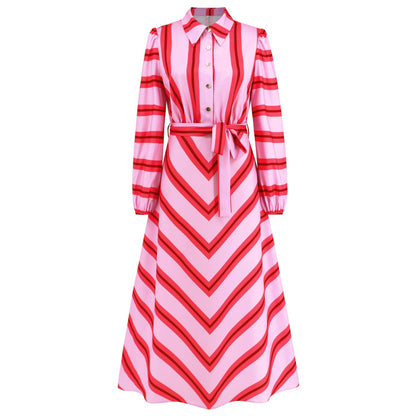 Elegant Striped Maxi Dress with Lantern Sleeves and Button Details for Effortless Style