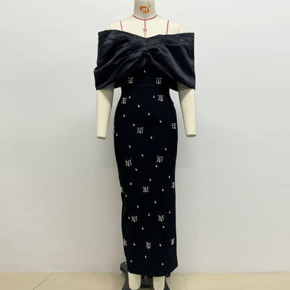 Off Shoulder Maxi Dress Rhinestone Bandage Evening Gown for Women Formal Events