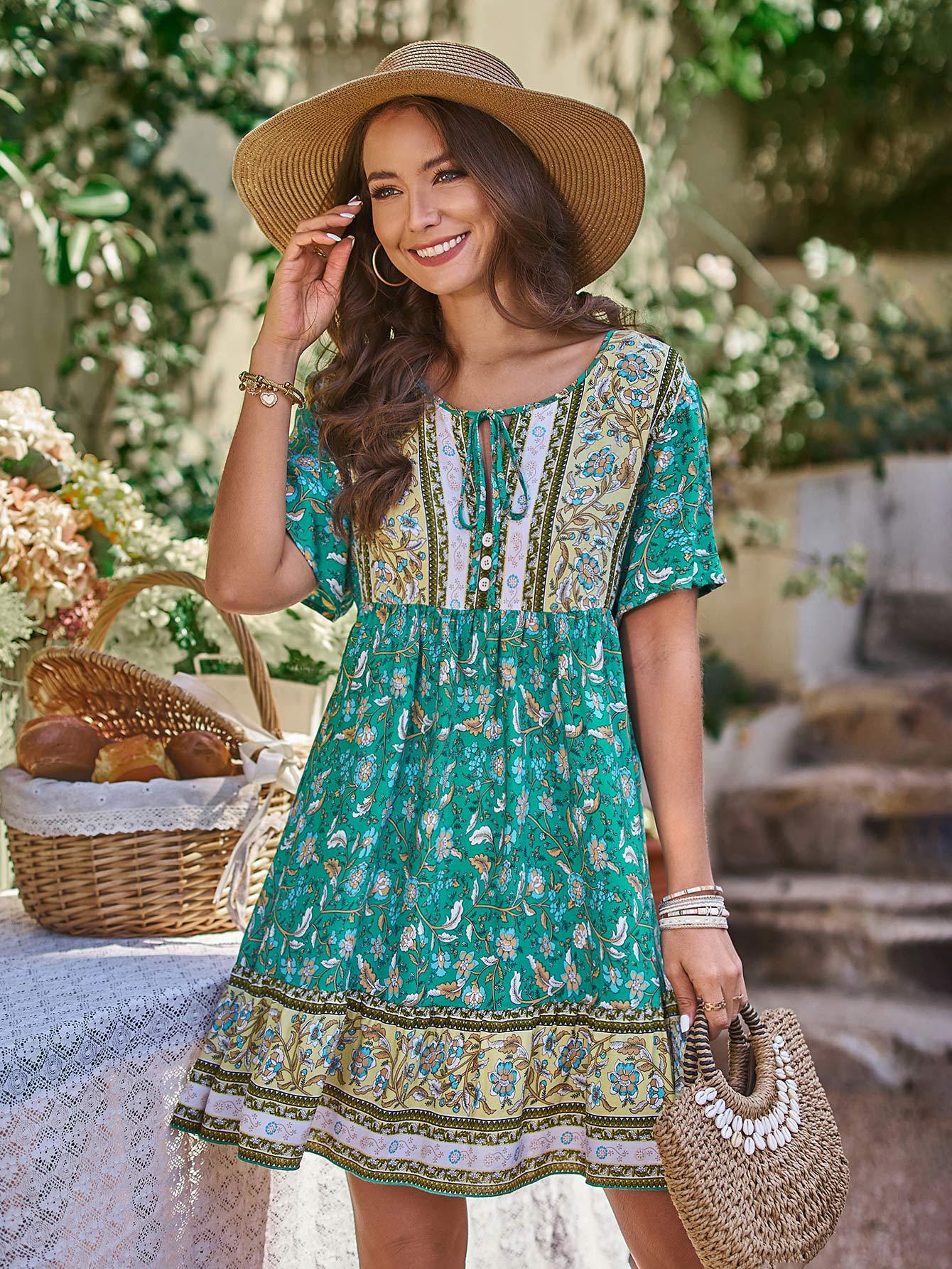 Bohemian Floral A Line Mini Dress for Summer Vacations Womens Fashion