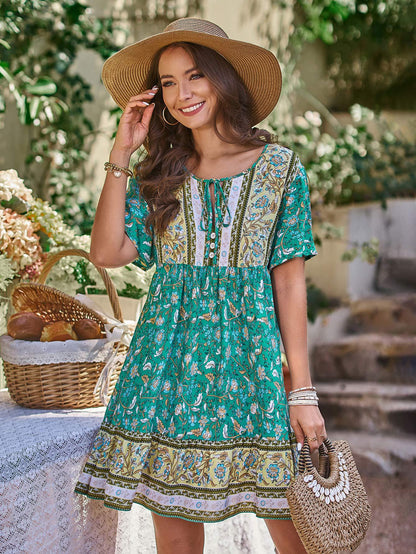 Bohemian Floral A Line Mini Dress for Summer Vacations Womens Fashion