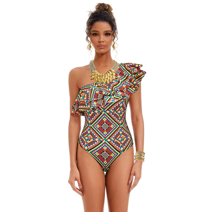 Geometric Print Ruffled Swimsuit Dress Summer Boho Vacation Style Beachwear