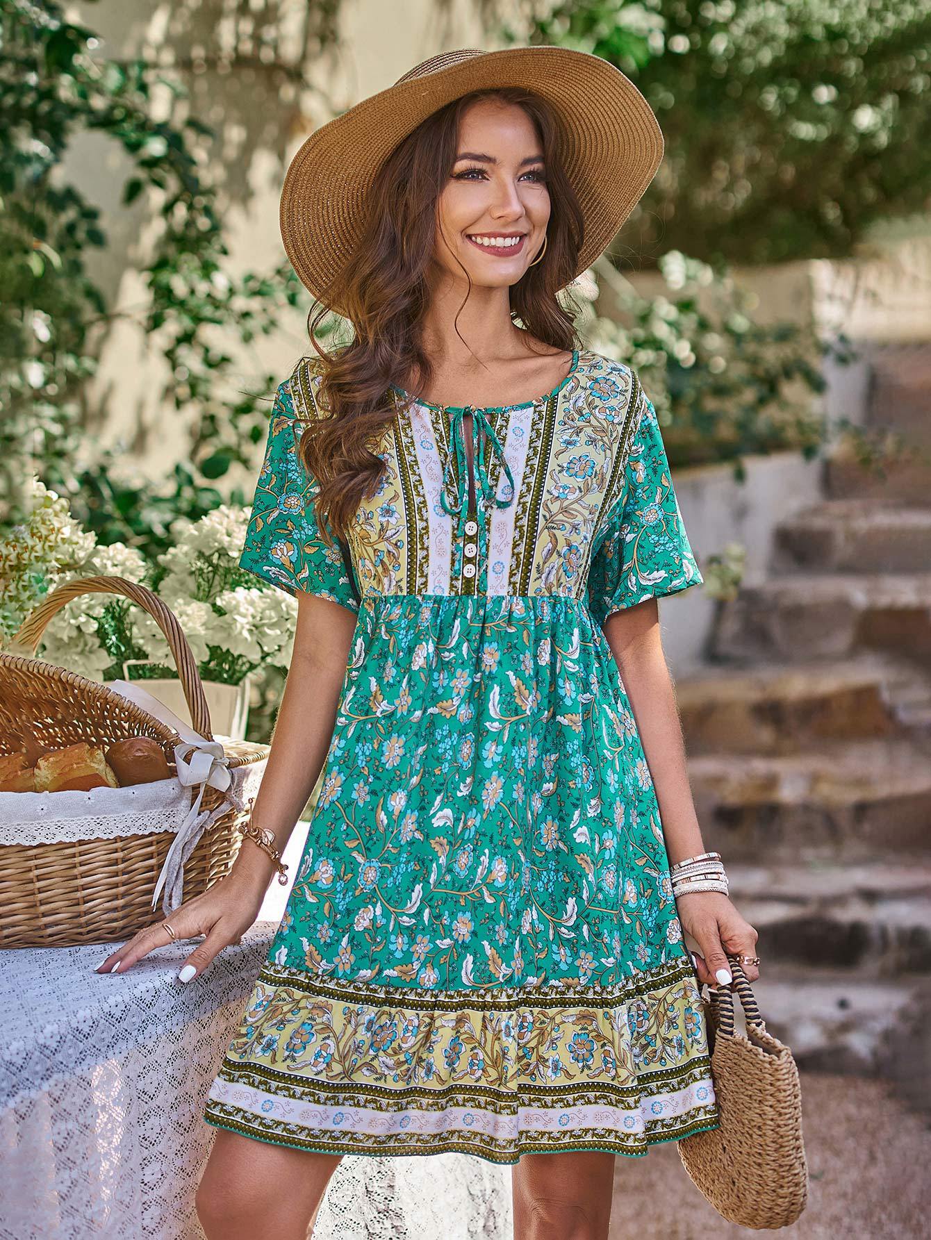 Bohemian Floral A Line Mini Dress for Summer Vacations Womens Fashion