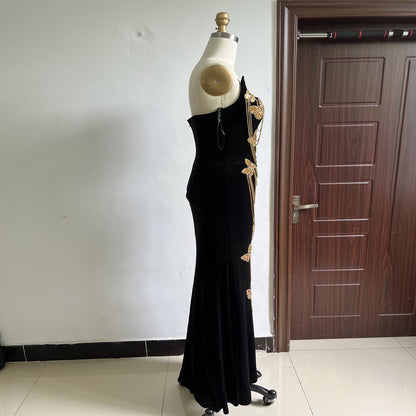 Sleek Black Maxi Dress with Chain Strap Details for Glamorous Evenings Evening Gown