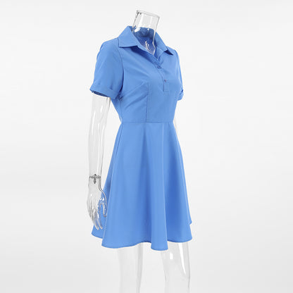 Summer Chic Collared Short Sleeve Slim Fit Dress for Women Office Wear Blue Dress