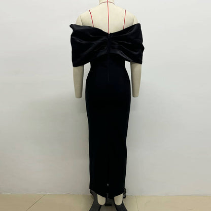 Off Shoulder Maxi Dress Rhinestone Bandage Evening Gown for Women Formal Events